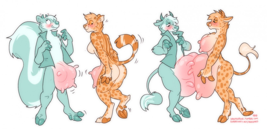 2018 anthro big_breasts bottomless bovine breasts cattle cheetah clothed clothing digital_drawing_(artwork) digital_media_(artwork) duo feline firr fur hair hhazard kauko male mammal markings mephitid multicolored_fur nipples nude simple_background skunk striped_tail stripes teats transformation udders vest white_background