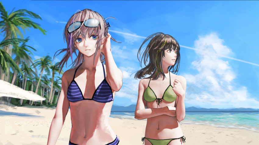 adjusting_hair bangs bare_shoulders beach bikini blue_bikini blue_eyes breasts brown_eyes brown_hair closed_mouth cloud collarbone commentary day english_commentary eyebrows_visible_through_hair eyewear_on_head floating_hair girls_frontline green_bikini hair_between_eyes hair_ornament highres long_hair looking_at_viewer looking_away m4a1_(girls_frontline) medium_breasts multicolored_hair multiple_girls navel one_side_up outdoors palm_tree pink_hair revision side_ponytail sidelocks small_breasts st_ar-15_(girls_frontline) stomach streaked_hair striped striped_bikini sunglasses swimsuit tacshojosora tree wind
