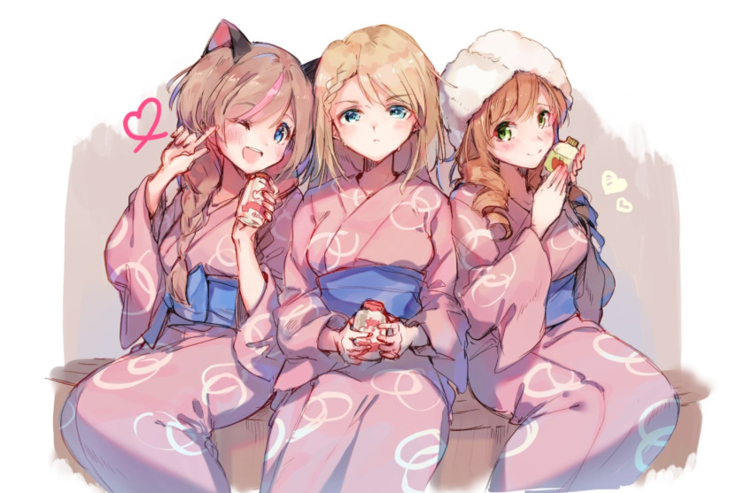 ;d after_bath alternate_costume alternate_hairstyle animal_ears bangs bath_yukata blonde_hair blue_eyes blush bottle braid breasts brown_hair cat_ears closed_mouth commentary_request curly_hair eyebrows_visible_through_hair fn-49_(girls_frontline) g36_(girls_frontline) girl_sandwich girls_frontline green_eyes hair_between_eyes heart heterochromia highres holding holding_bottle japanese_clothes kimono large_breasts long_hair looking_at_viewer medium_breasts mk_23_(girls_frontline) multicolored_hair multiple_girls obi one_eye_closed open_mouth pink_kimono sandwiched sash shuzi sidelocks sitting smile streaked_hair towel towel_on_head very_long_hair yukata