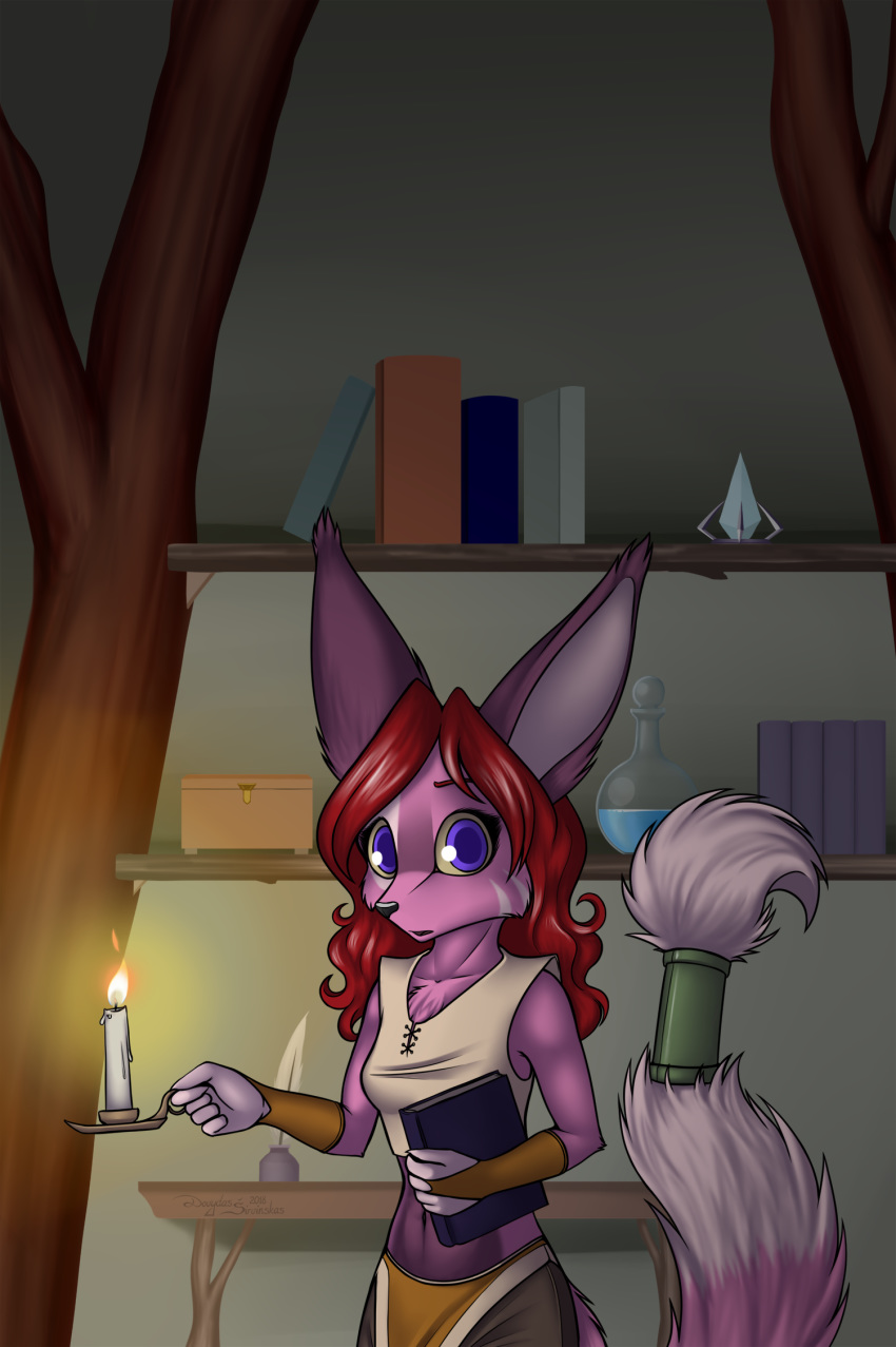 anthro black_nose book breasts candle canine clothed clothing female fox foxyverse fur hair looking_at_viewer mammal mancoin midriff navel pink_fur purple_eyes red_hair silveta_(foxyverse) solo