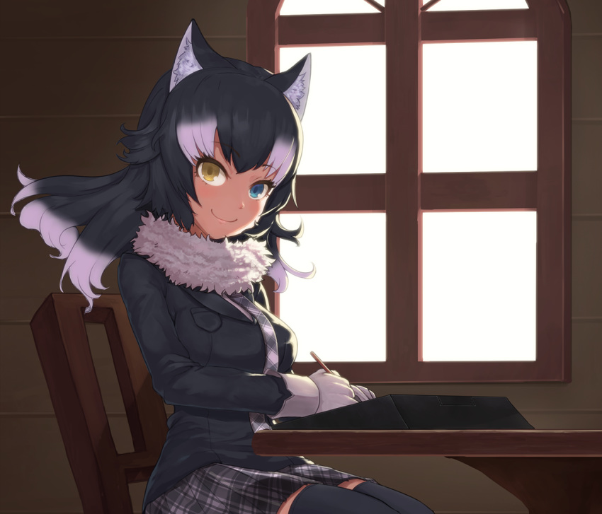 absolute_territory animal_humanoid black_hair blue_eyes blush breasts chair clothed clothing eyebrows_visible_through_hair eyelashes female gloves grey_wolf_(kemono_friends) hair heterochromia humanoid inner_ear_fluff kemono_friends legwear looking_at_viewer necktie shimu sitting skirt smile solo thigh_highs white_hair wolf_humanoid wrist_cuff yellow_eyes