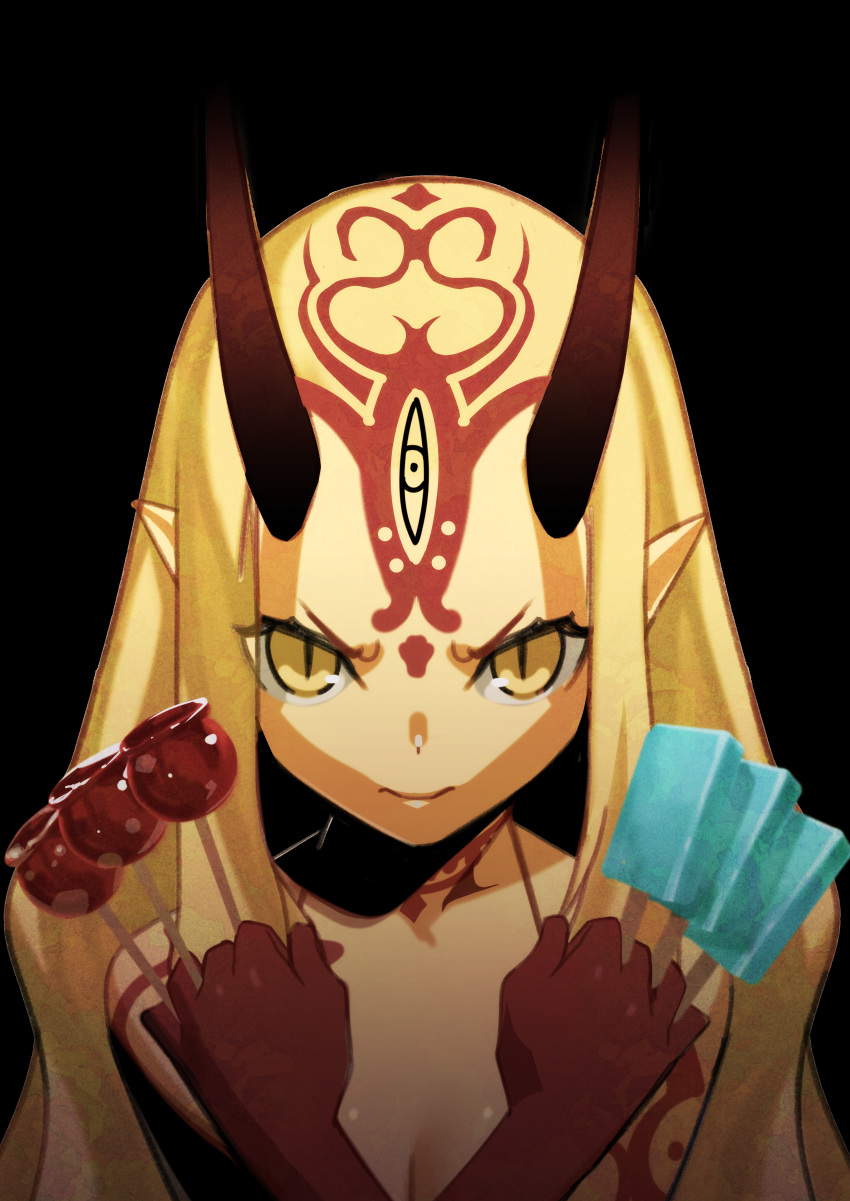 &gt;:) absurdres akisa_(12023648) bare_shoulders between_fingers black_background blonde_hair breasts candy_apple cleavage closed_mouth commentary_request facial_mark fate/grand_order fate_(series) fighting_stance food forehead forehead_mark highres holding holding_food huge_filesize ibaraki_douji_(fate/grand_order) long_hair looking_at_viewer oni_horns pointy_ears popsicle sidelocks simple_background slit_pupils smile solo tattoo upper_body v-shaped_eyebrows x_arms yellow_eyes