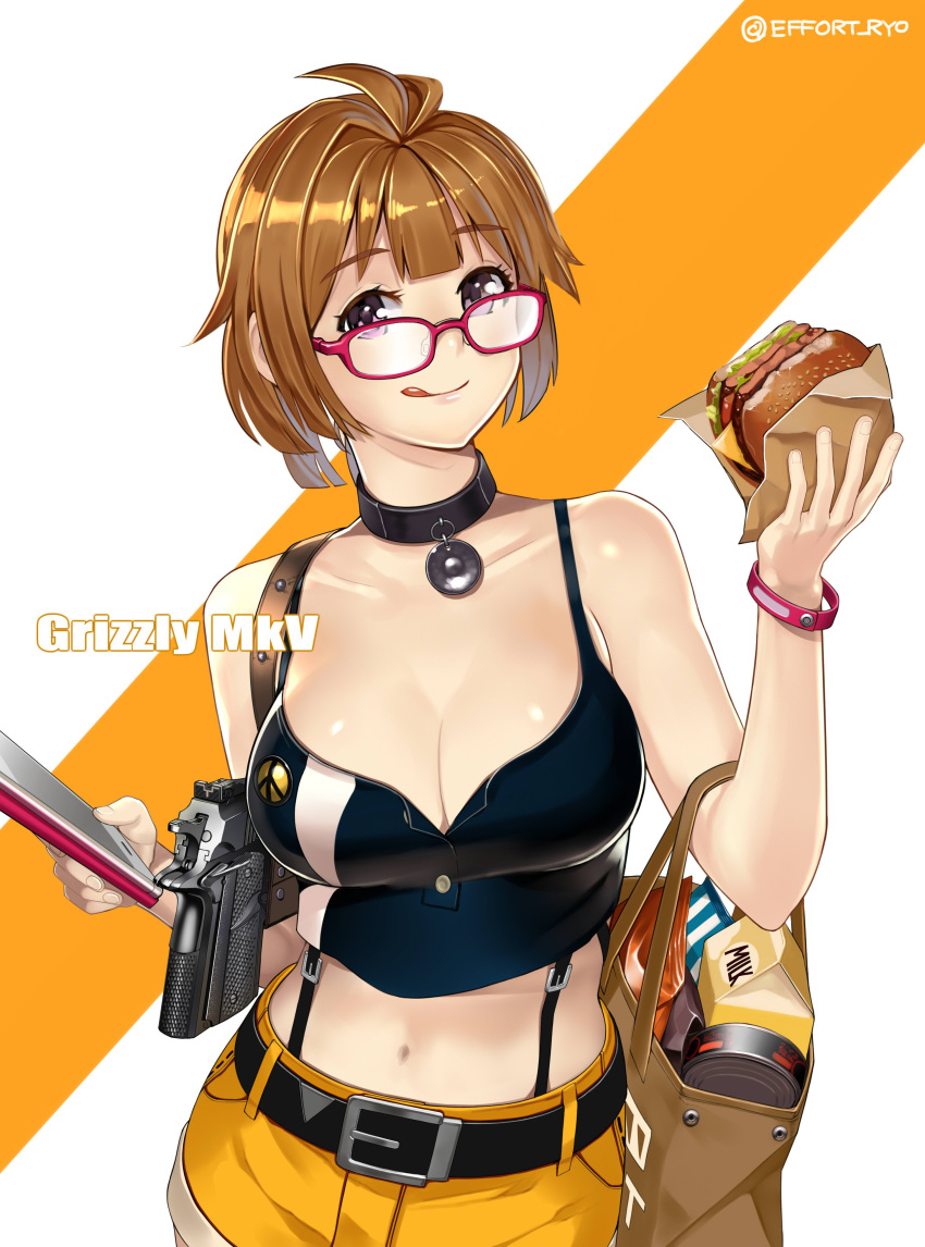 :q absurdres alternate_costume bag belt bracelet breasts brown_hair buttons cellphone character_name choker cleavage collarbone commentary_request eyebrows_visible_through_hair fingernails food girls_frontline glasses grizzly_mkv grizzly_mkv_(girls_frontline) gun hamburger handgun highres holding holster holstered_weapon jewelry large_breasts lips looking_at_viewer midriff navel phone pins purple_eyes ryou_(effort) shiny shiny_hair shiny_skin short_hair shorts sidelocks simple_background tank_top tongue tongue_out twitter_username watch weapon wristwatch