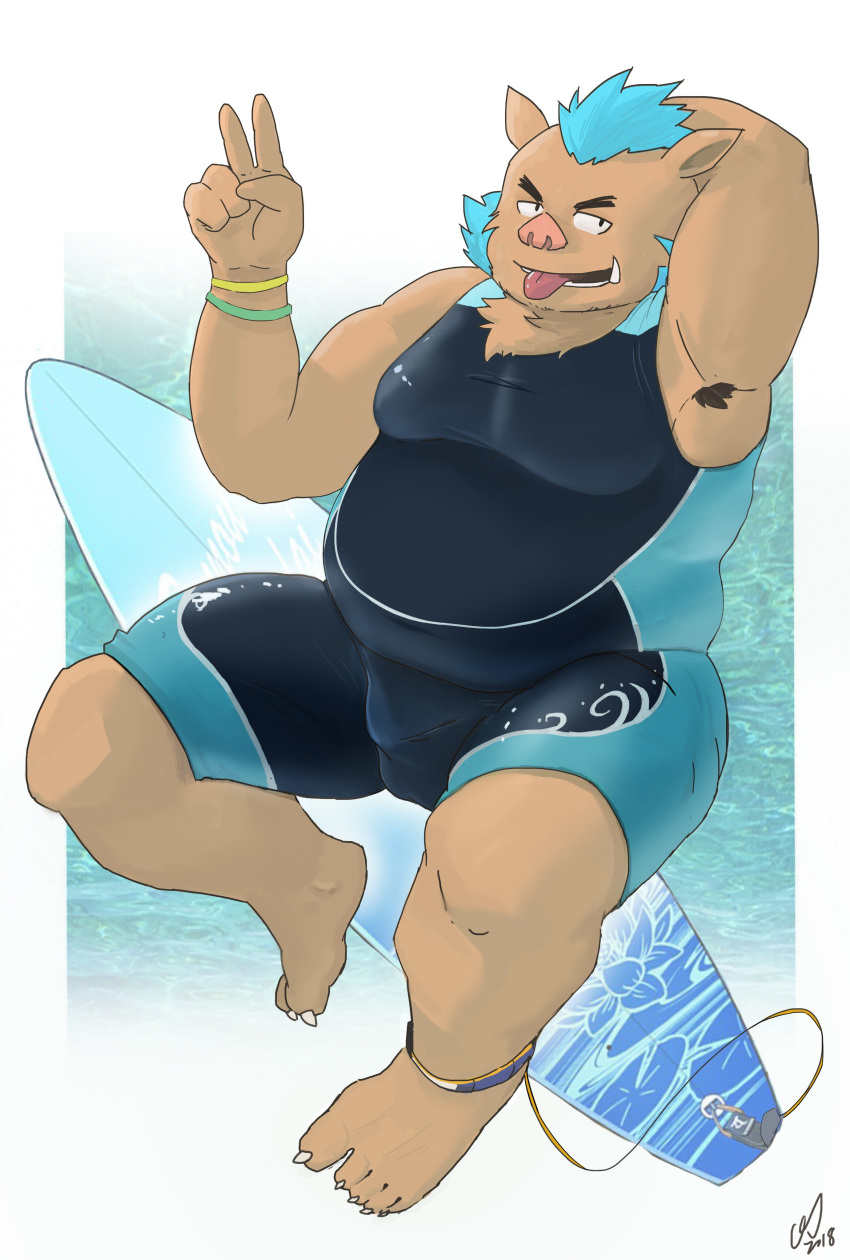 2018 anthro belly boar bulge eyewear gouryou humanoid_hands male mammal mohawk moobs ms05591410 overweight overweight_male porcine sitting solo sunglasses surfboard surfing tokyo_afterschool_summoners tonge_out tusks water wetsuit