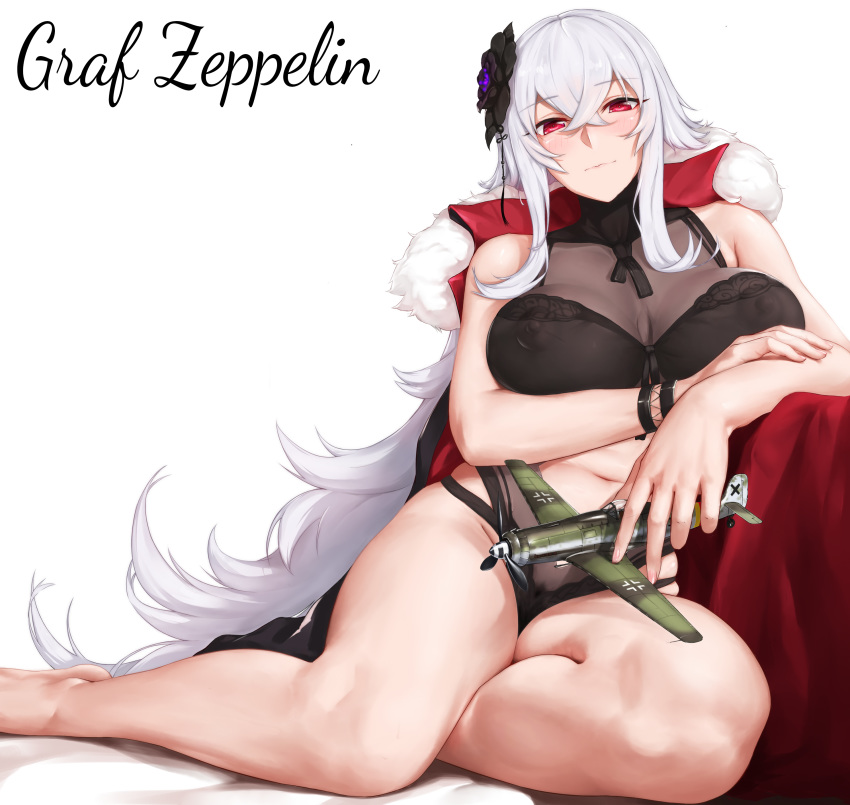 absurdres aircraft airplane azur_lane bare_legs bare_shoulders bared_teeth barefoot bikini black_flower black_swimsuit blush bracelet breasts casual_one-piece_swimsuit character_name closed_mouth coat covered_nipples eyebrows_visible_through_hair flower fur-trimmed_coat fur_trim graf_zeppelin_(azur_lane) hair_between_eyes hair_flower hair_ornament highres holding jewelry large_breasts long_hair loose_socks md5_mismatch navel one-piece_swimsuit pubic_hair pubic_hair_peek puffy_nipples red_coat red_eyes rosaline see-through silver_hair simple_background sitting skindentation solo swimsuit very_long_hair white_bikini yokozuwari
