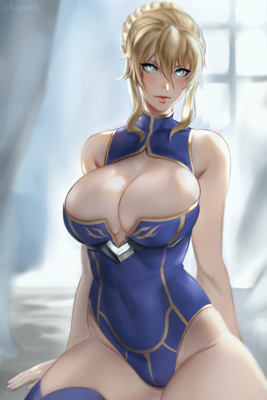 absurdres artoria_pendragon_(all) artoria_pendragon_(lancer) bare_shoulders blonde_hair blue_eyes blue_legwear blue_leotard braid breasts bursting_breasts cleavage cleavage_cutout commentary english_commentary fate/grand_order fate_(series) french_braid highres huge_breasts leotard looking_at_viewer ragecndy short_hair sidelocks sitting solo thick_thighs thighhighs thighs