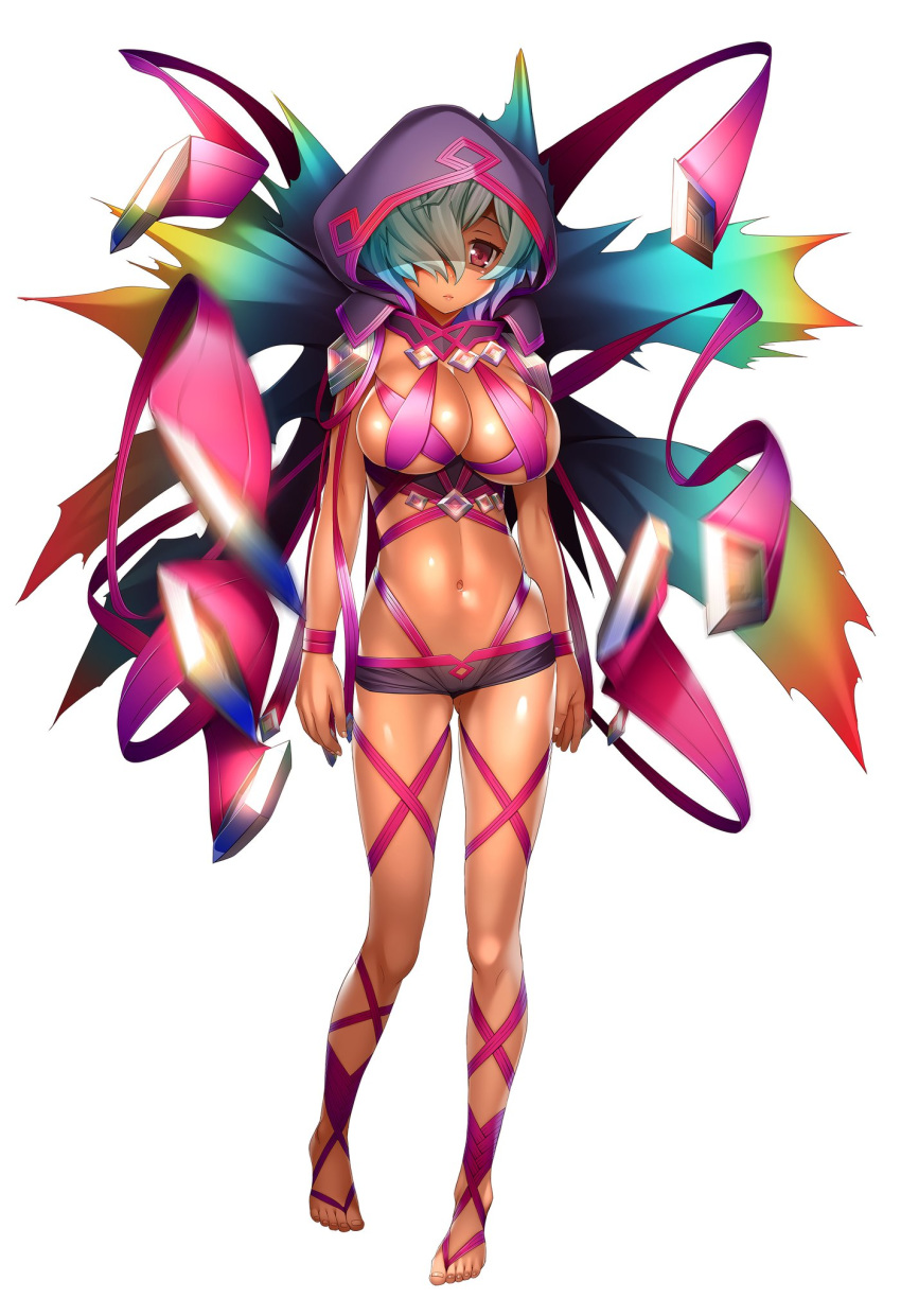 1girl :&lt; aqua_hair blue_hair breasts cape cleavage cowboy_shot dark_skin deep_skin female full_body hair_over_one_eye hood large_breasts looking_at_viewer nasara_(taimanin_asagi) navel red_eyes sasayuki shiny shiny_skin short_hair simple_background solo standing taimanin_(series) taimanin_asagi taimanin_rpgx thigh_gap thighs white_background