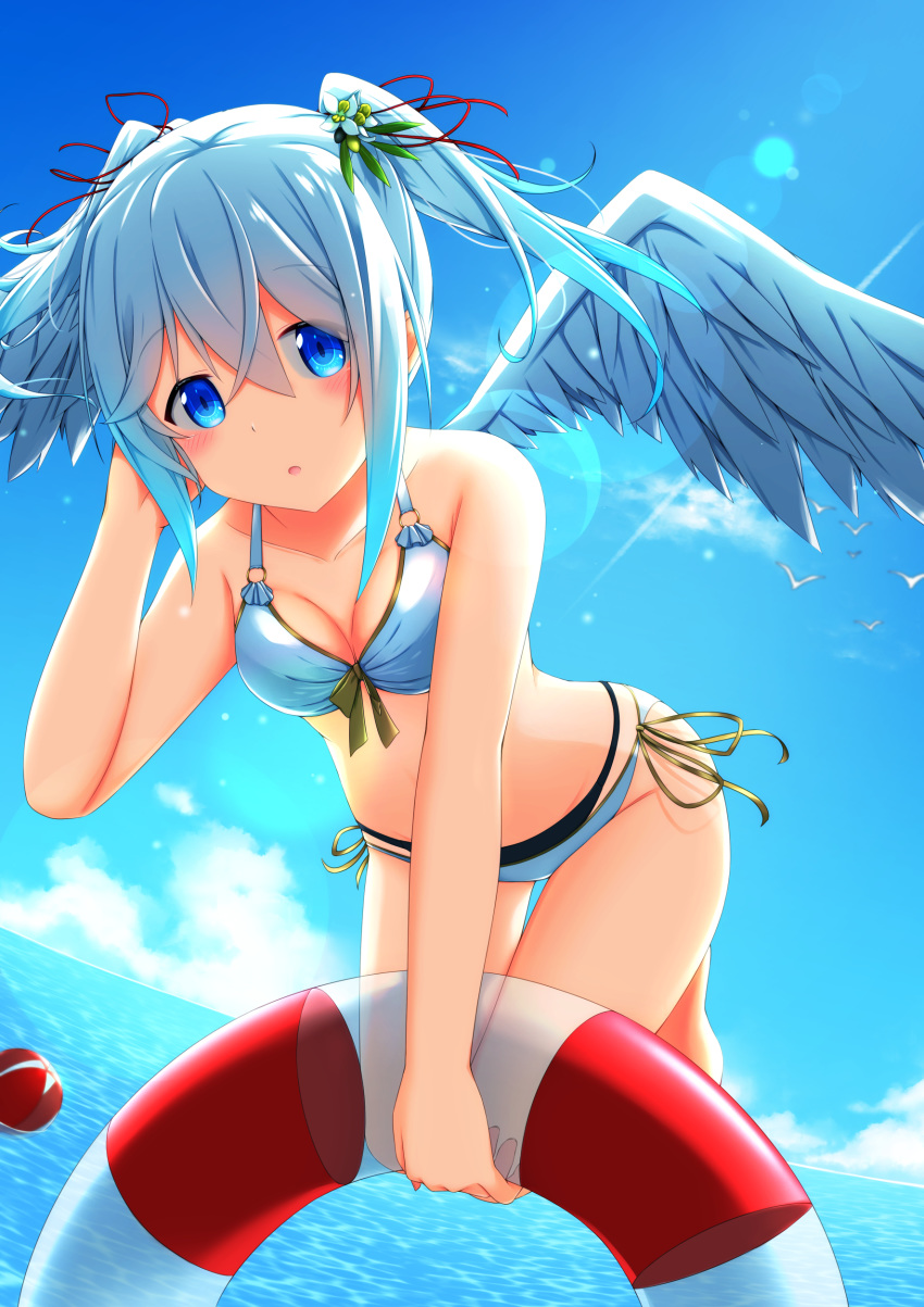 :o absurdres aoi_thomas ball bangs bare_arms bare_shoulders beachball bikini blue_bikini blue_eyes blue_hair blue_sky blue_wings blush breasts cleavage cloud commentary_request day eyebrows_visible_through_hair feathered_wings flower flying front-tie_bikini front-tie_top hair_between_eyes hair_flower hair_ornament hair_ribbon highres holding holding_innertube horizon innertube looking_at_viewer medium_breasts ocean original outdoors parted_lips red_ribbon ribbon side-tie_bikini sidelocks sky solo swimsuit transparent water white_flower wings