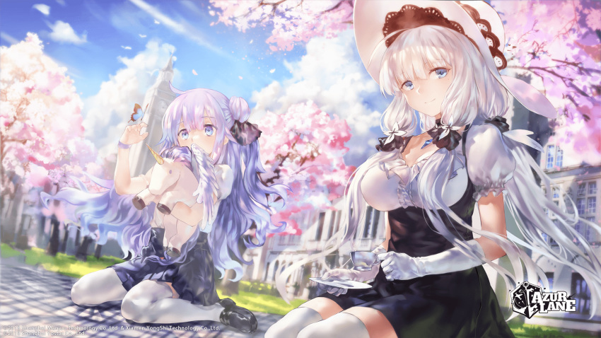 ahoge alternate_costume artist_request azur_lane bangs black_footwear black_ribbon blouse blue_dress blue_eyes blue_sky blush breasts bug building butterfly cherry_blossoms choker cleavage clock clock_tower cloud copyright_name covered_mouth cup day dress drinking_glass elbow_gloves eyebrows_visible_through_hair gloves grass hair_ornament hair_ribbon hat highres holding holding_cup holding_saucer illustrious_(azur_lane) insect jewelry lace-trimmed_hat large_breasts loafers logo long_hair looking_at_hand looking_at_viewer mole mole_under_eye multiple_girls official_art one_side_up outdoors pendant petals pinafore_dress pleated_skirt puffy_short_sleeves puffy_sleeves purple_eyes purple_hair purple_skirt ribbon sapphire_(stone) seiza shoes short_sleeves side_bun sidelocks sitting skirt sky smile stuffed_alicorn stuffed_animal stuffed_toy tareme thighhighs tower tress_ribbon underbust unicorn_(azur_lane) very_long_hair wariza white_gloves white_hair white_hat white_legwear wind wristband zettai_ryouiki