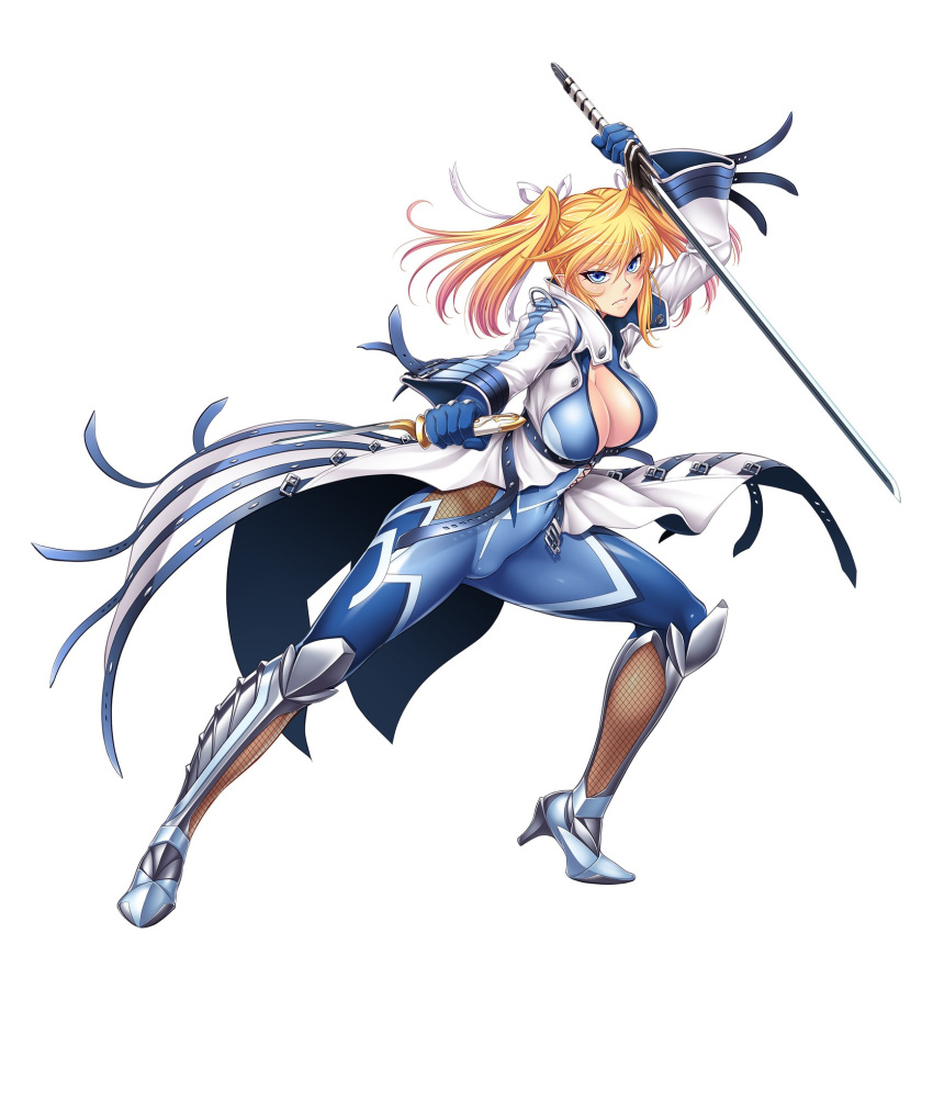 1girl blonde_hair bodysuit breasts curvy female holding holding_weapon lilith-soft long_hair looking_at_viewer no_bra shinganji_kurenai shiny solo taimanin_(series) taimanin_kurenai taimanin_rpgx thighs twintails weapon zol