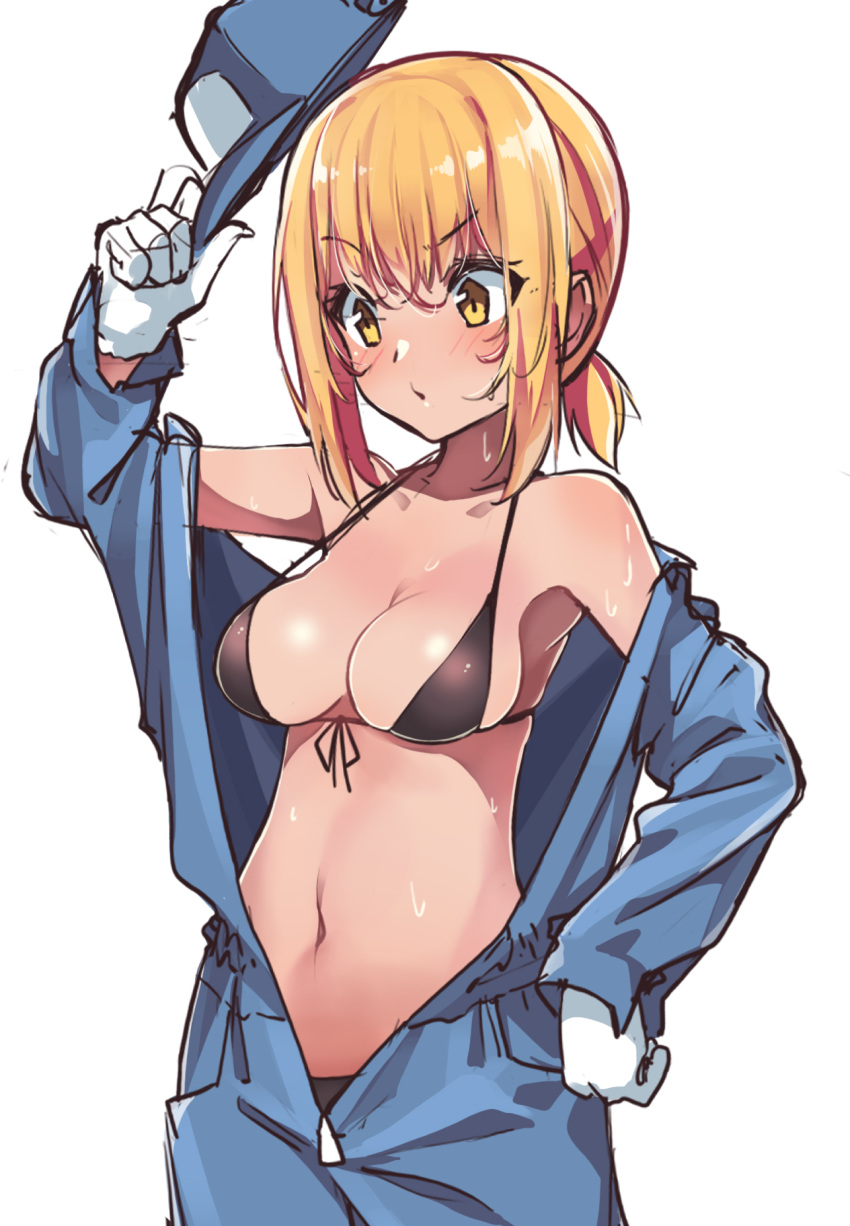 arm_up armpits bangs bare_shoulders bikini black_bikini black_ribbon blue_hat blush breasts cleavage closed_mouth collarbone copyright_request cowboy_shot eyebrows_visible_through_hair front-tie_bikini front-tie_top gloves hand_on_hip hat hat_removed headwear_removed highres holding holding_hat jumpsuit konnyaku_(kk-monmon) large_breasts looking_away looking_down low_ponytail navel off_shoulder open_clothes orange_eyes orange_hair overalls partially_unzipped pouty_lips ribbon shiny shiny_hair short_sleeves sidelocks simple_background solo stomach strap_gap swimsuit v-shaped_eyebrows white_background white_gloves