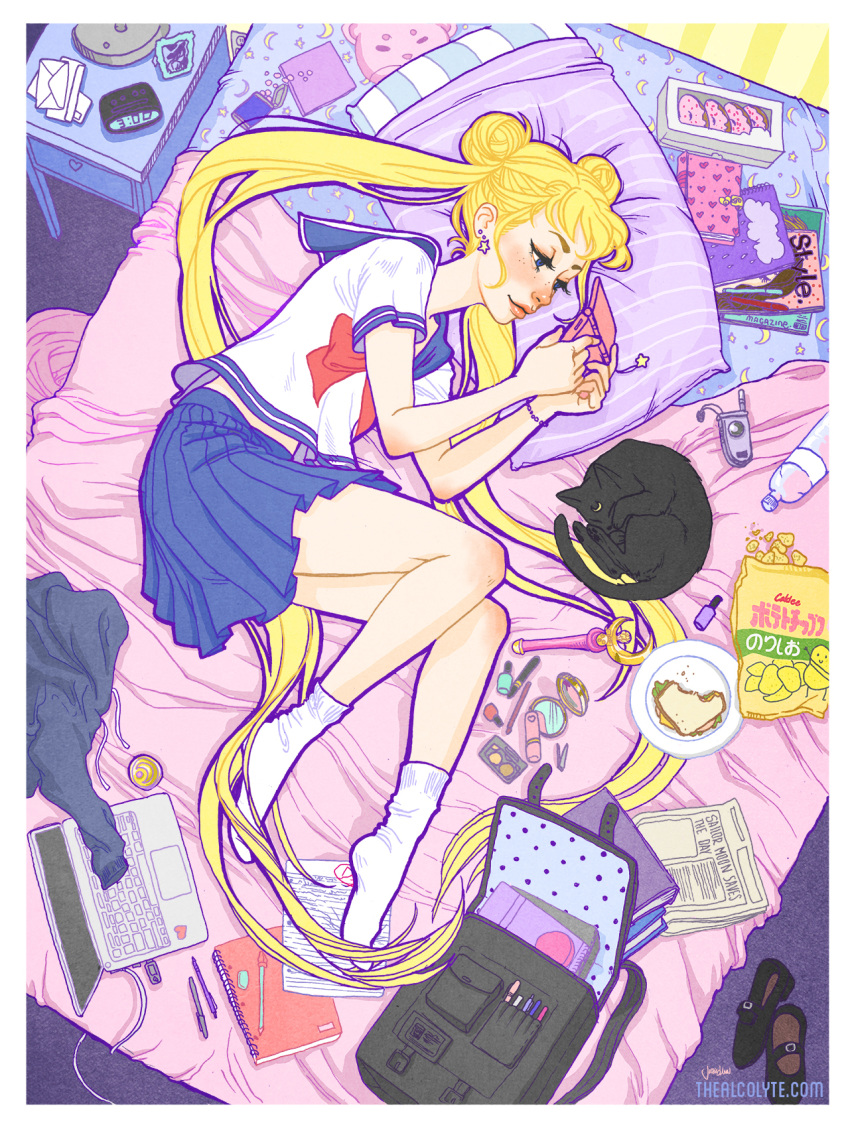 backpack bag bishoujo_senshi_sailor_moon bite_mark black_cat black_footwear blonde_hair blouse blue_eyes blue_sailor_collar blue_skirt bow bracelet cable cat chips closed_mouth cloud_print computer crescent crumbs doughnut drawstring earrings flash_drive food from_above from_side handheld_game_console heart heart_print highres indoors jacquelin_de_leon jewelry juuban_middle_school_uniform laptop long_hair looking_at_screen luna_(sailor_moon) magazine makeup moon_stick nail_polish_bottle nightstand nintendo_3ds notebook on_bed paper pencil pillow play pleated_skirt potato_chips purple_pillow rain_print red_bow sailor_collar shoes_removed short_twintails skirt socks solo star star_earrings tsukino_usagi twintails very_long_hair wand watermark web_address white_blouse white_legwear