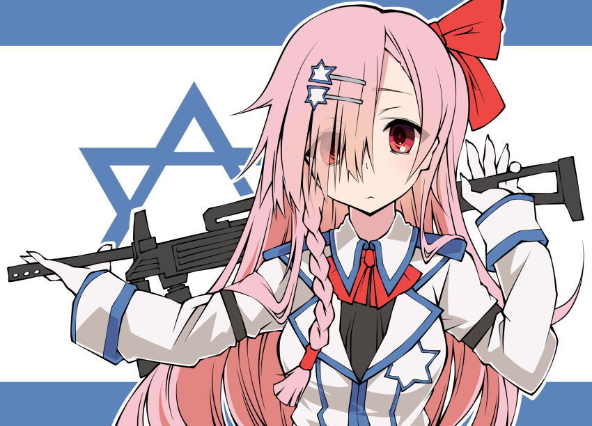 absurdres arm_strap bangs blush bow braid breasts collared_jacket commentary_request eyebrows_visible_through_hair eyes_visible_through_hair girls_frontline gloves grey_shirt gun hair_between_eyes hair_bow hair_ornament hair_ribbon hairclip hexagram highres holding holding_gun holding_weapon imi_negev israel israeli_flag long_hair looking_at_viewer negev_(girls_frontline) one_side_up pink_hair red_bow red_eyes red_neckwear ribbon sakakiba_misogi shirt side_braid sidelocks smile solo star_of_david weapon white_gloves