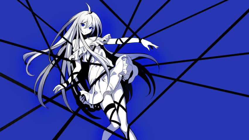 ahoge bare_shoulders blue blue_background blue_eyes copyright_request dress entangled eyebrows_visible_through_hair feet_out_of_frame floating_hair hair_between_eyes highres long_hair looking_at_viewer maruchi monochrome outstretched_arms parted_lips short_dress simple_background sleeveless sleeveless_dress solo spread_arms standing very_long_hair