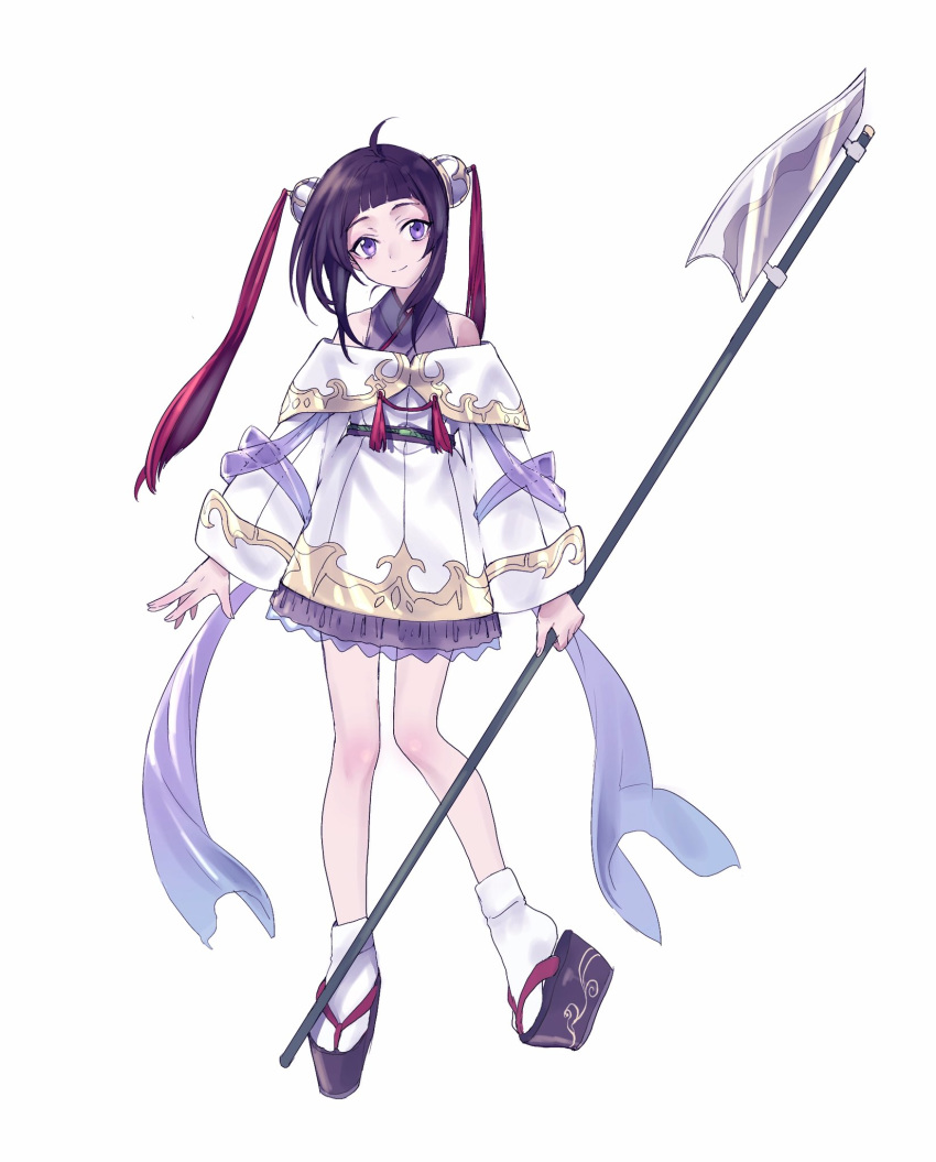 ahoge bangs bare_shoulders black_hair blunt_bangs closed_mouth commentary_request copyright_request full_body glaive hair_ornament highres holding holding_weapon long_sleeves looking_at_viewer maruchi platform_footwear purple_eyes sandals short_hair simple_background smile solo standing standing_on_one_leg tabi weapon white_background white_legwear