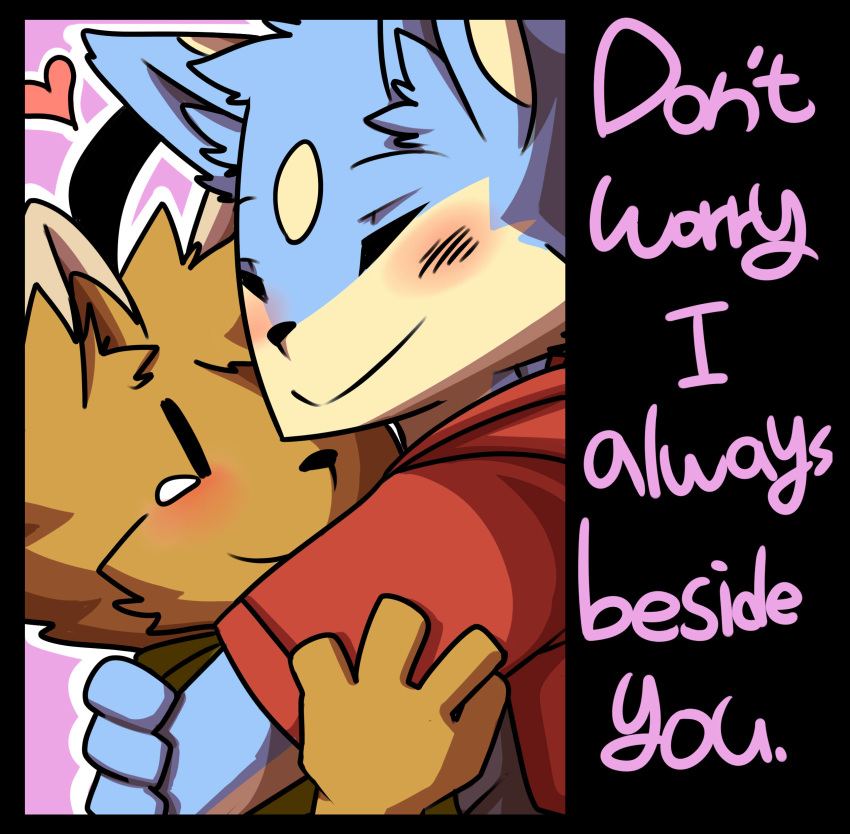 &lt;3 2015 4_fingers anthro anthro_on_anthro black_eyes black_nose blue_fur blush brown_fur canine clothed clothing cub dialogue dipstick_ears dog duo embrace english_text eyes_closed fur fur_markings hi_res hoodie hug inner_ear_fluff looking_at_partner love male male/male mammal markings multicolored_fur pink_background romantic_couple saku1saya shirt simple_background smile tan_fur tears text two_tone_fur vertical_bar_eyes white_fur young