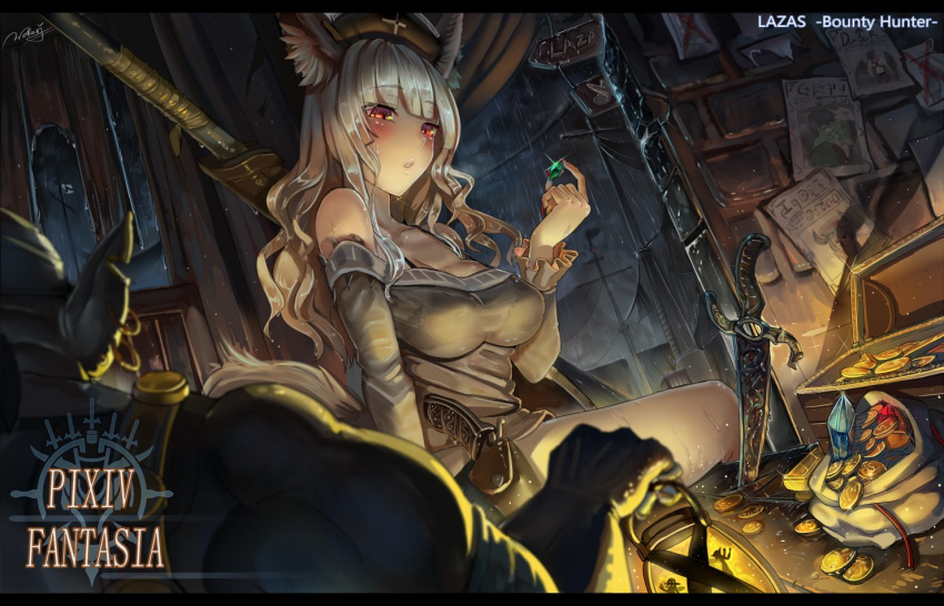 1girl animal_ears bag bangs bare_shoulders coin commentary_request dagger detached_sleeves gem gold hat holding lantern letterboxed long_hair pixiv_fantasia planted_weapon red_eyes silver_hair sitting solo_focus tail treasure_chest walzrj weapon wet wet_clothes
