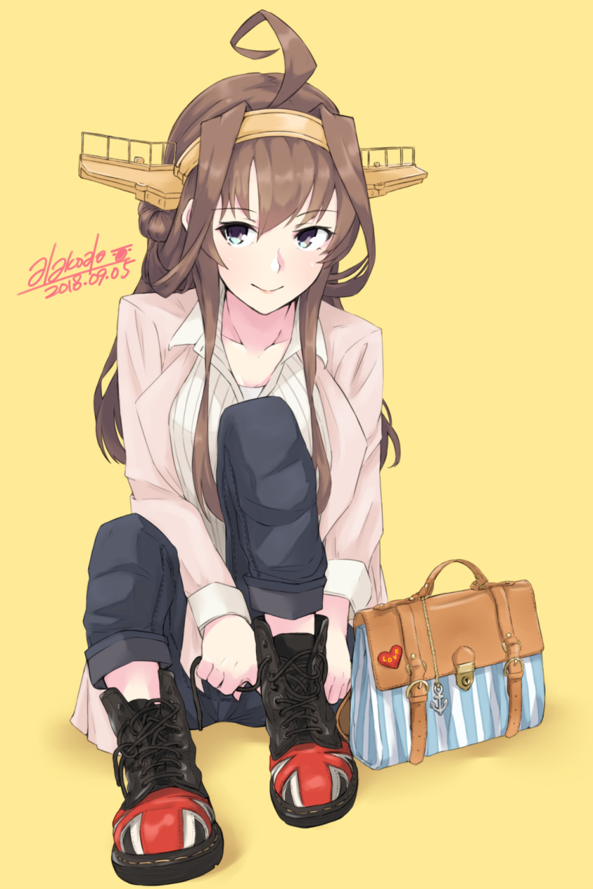 alakoala_shoushou alternate_costume anchor_symbol bag blouse blue_eyes boots breasts brown_hair casual collarbone dated denim doc_martens double_bun eyebrows_visible_through_hair hairband headgear highres jacket jeans kantai_collection kongou_(kantai_collection) long_hair long_sleeves looking_at_viewer open_clothes open_jacket pants remodel_(kantai_collection) shoelaces shoes shoulder_bag signature simple_background sitting smile solo twitter_username tying_shoes union_jack white_blouse yellow_background