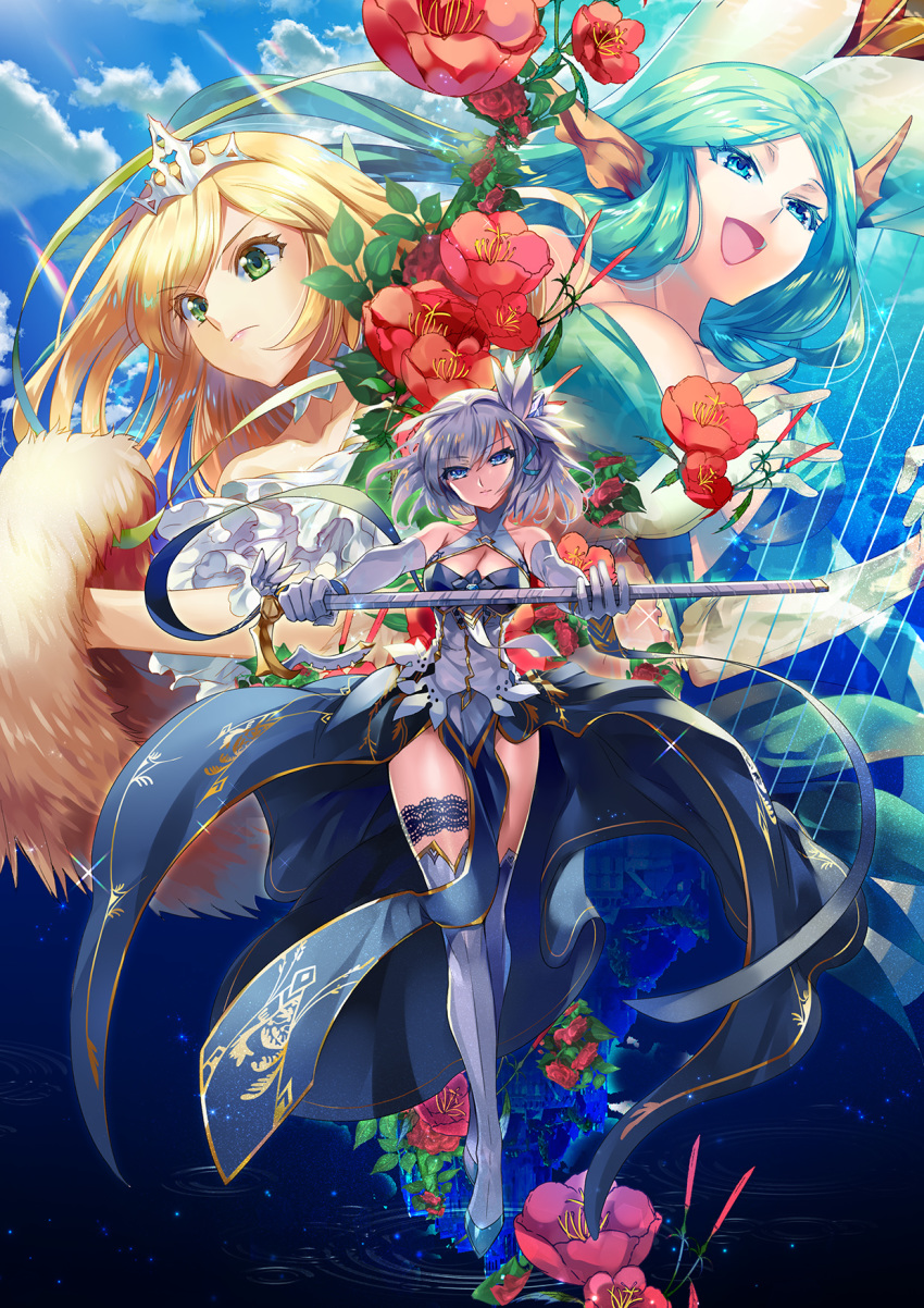:d :| angelia bare_shoulders blonde_hair blue_eyes blue_hair blue_sky breasts cane castle closed_mouth cloud crown cu-rim flower frown fur gloves green_eyes grey_gloves grey_legwear hair_ribbon hestia_(sdorica_-sunset-) hibiscus highres holding_cane horns large_breasts long_hair medium_breasts multiple_girls open_mouth ribbon sdorica_-sunset- sione_aldric sky smile standing thigh_strap upside-down white_gloves