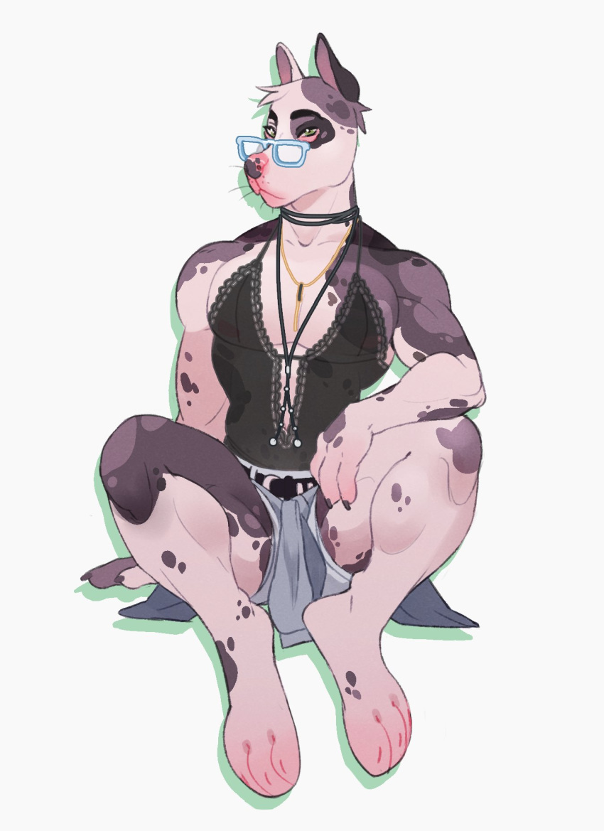 anthro canid canine canis clothed clothing crossdressing domestic_dog eyewear glasses great_dane male mammal megumigoo muscular muscular_male simple_background sitting solo white_background