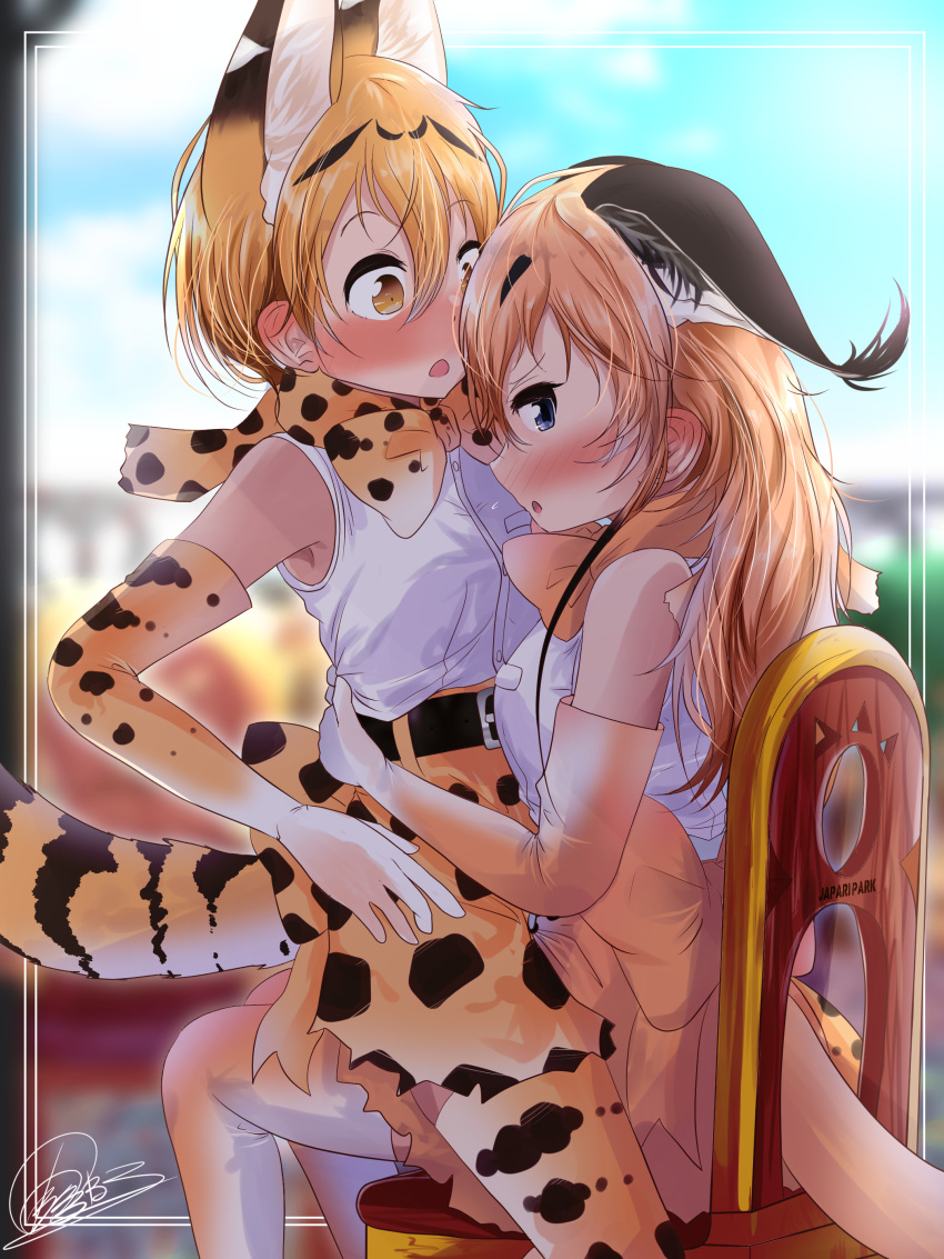 absurdres amemiya_neru animal_ears belt blonde_hair blurry blurry_background blush bow bowtie brown_gloves brown_hair brown_legwear brown_neckwear brown_skirt caracal_(kemono_friends) caracal_ears caracal_tail chair commentary_request depth_of_field elbow_gloves extra_ears from_side gloves hair_between_eyes high-waist_skirt highres kemono_friends long_hair looking_at_another looking_at_viewer looking_to_the_side multicolored multicolored_clothes multicolored_gloves multiple_girls print_legwear print_neckwear print_skirt serval_(kemono_friends) serval_ears serval_print serval_tail shirt short_hair signature sitting sitting_on_person skirt sleeveless sleeveless_shirt tail thighhighs white_gloves yellow_eyes yellow_gloves yellow_legwear yellow_neckwear yellow_skirt yuri