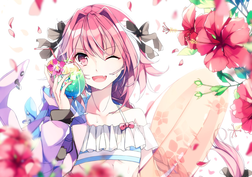 ;d astolfo_(fate) bangs bare_shoulders bikini black_bow black_ribbon blue_bikini blurry blurry_foreground bow braid collarbone cup depth_of_field drinking_glass drinking_straw eyebrows_visible_through_hair falling_petals fang fate/grand_order fate_(series) floating_hair floral_print flower food frilled_bikini frills fruit glint hair_between_eyes hair_bow hair_intakes hair_ribbon head_tilt highres hiyunagi holding holding_cup ice ice_cube innertube jacket long_hair long_sleeves looking_at_viewer male_focus multicolored_hair off_shoulder one_eye_closed open_mouth orange orange_slice otoko_no_ko pink_bow pink_eyes pink_flower pink_hair pom_pom_(clothes) purple_jacket red_flower ribbon shiny shiny_hair single_braid smile solo streaked_hair striped striped_bikini swimsuit upper_body white_background white_bikini wind
