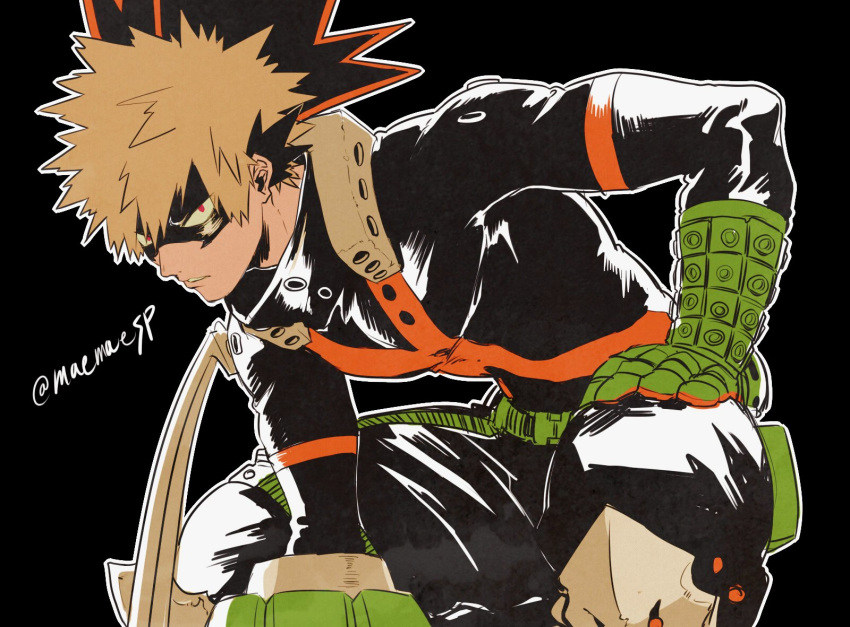 bakugou_katsuki black_background blonde_hair boku_no_hero_academia domino_mask gloves green_gloves highres looking_at_viewer maemaesp male_focus mask outline parted_lips red_eyes simple_background spiked_hair squatting superhero twitter_username white_outline