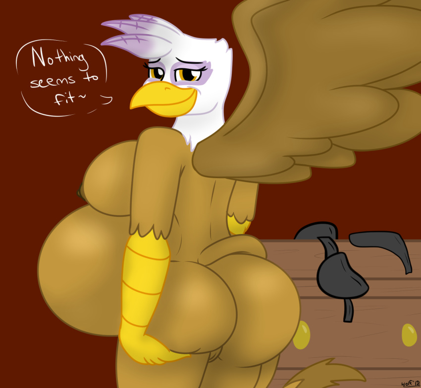 2018 anthro avian beak belly big_belly big_butt bra breasts brown_feathers brown_fur butt clothing drawer dress feathered_wings feathers female friendship_is_magic fur gilda_(mlp) gryphon hi_res holding_butt looking_at_viewer mammal multicolored_feathers my_little_pony nipples nude panties pregnant purple_feathers pussy smile speech_bubble text two_tone_feathers underwear undyingwolf white_feathers wings yellow_eyes