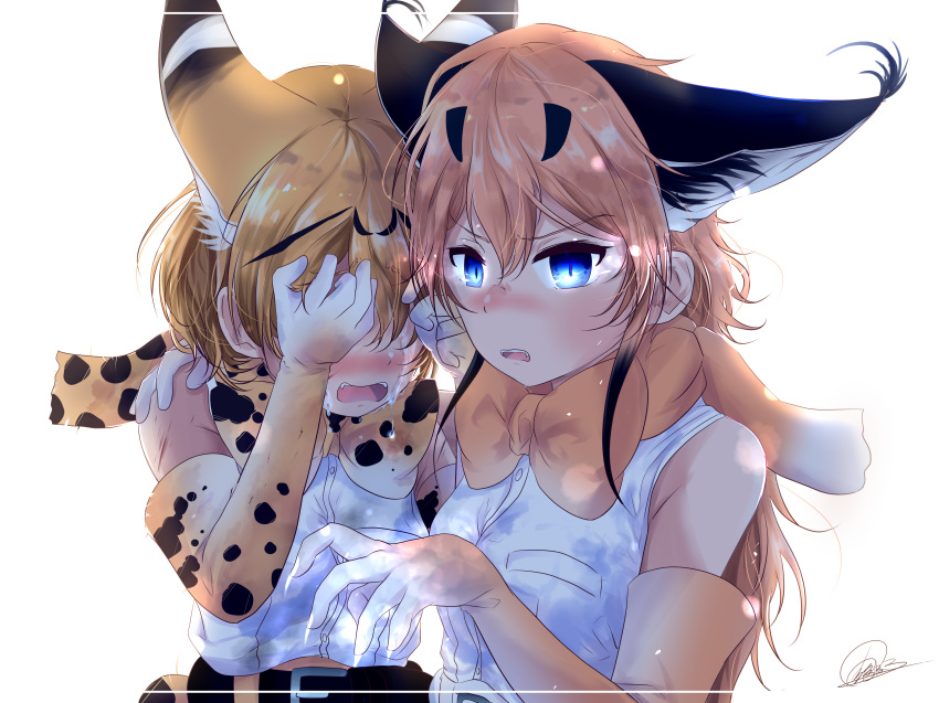absurdres amemiya_neru animal_ears arm_around_neck backlighting belt blonde_hair blue_eyes blush bow bowtie brown_gloves brown_hair brown_neckwear caracal_(kemono_friends) caracal_ears claws commentary_request covering_eyes crying elbow_gloves extra_ears eyebrows_visible_through_hair gloves glowing glowing_eyes hair_between_eyes highres kemono_friends long_hair looking_at_viewer multicolored multicolored_clothes multicolored_gloves multiple_girls print_neckwear serval_(kemono_friends) serval_ears serval_print shirt short_hair signature sleeveless sleeveless_shirt tears upper_body white_background white_gloves yellow_eyes yellow_gloves yellow_neckwear