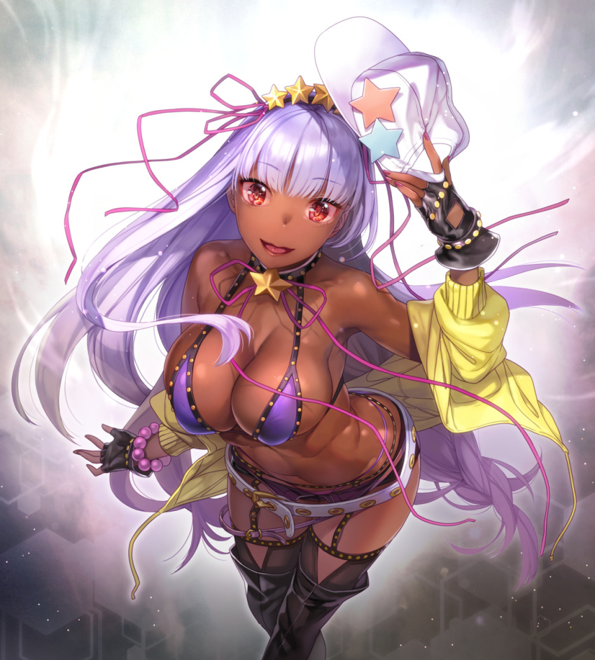 bb_(fate)_(all) bb_(swimsuit_mooncancer)_(fate) belt bikini black_garter_belt breasts choker cleavage commentary_request fate/grand_order fate_(series) fingerless_gloves garter_belt gloves gold_trim gyaru hair_ornament hat hat_removed headwear_removed highres holding holding_hat jacket jewelry large_breasts lips long_hair looking_at_viewer loose_belt nekomata_naomi open_mouth purple_bikini purple_hair red_eyes short_shorts shorts solo star star_choker star_hair_ornament studded_garter_belt swimsuit tan thighhighs very_long_hair