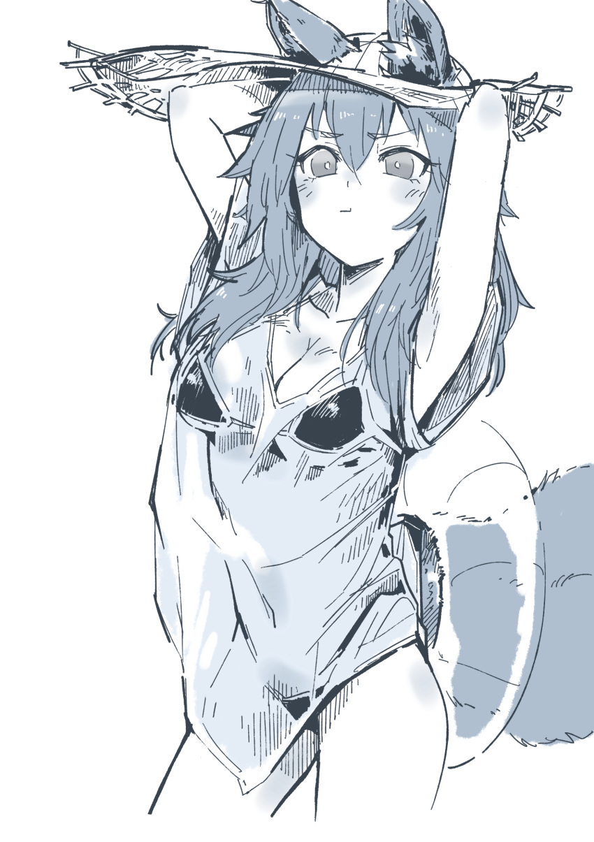 absurdres animal_ear_fluff animal_ears arm_behind_back bikini bikini_under_clothes breasts cleavage collarbone ears_through_headwear fate/grand_order fate_(series) fox_ears fox_tail greyscale hat highres innertube large_breasts long_hair looking_at_viewer mogijabgo monochrome shirt side-tie_bikini simple_background solo straw_hat swimsuit tail tamamo_(fate)_(all) tamamo_no_mae_(swimsuit_lancer)_(fate) wet wet_clothes wet_shirt wet_t-shirt white_background