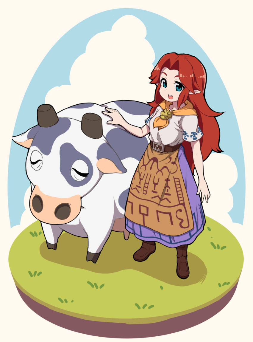 :d animal arm_at_side bare_arms belt blue_eyes blue_sky boots brown_belt brown_footwear cloud cow eyebrows grass hair_intakes highres legs_apart long_hair long_skirt malon nazonazo_(nazonazot) open_mouth pointy_ears purple_skirt red_hair shadow shirt short_sleeves skirt sky smile solo standing teeth the_legend_of_zelda the_legend_of_zelda:_ocarina_of_time triforce white_shirt