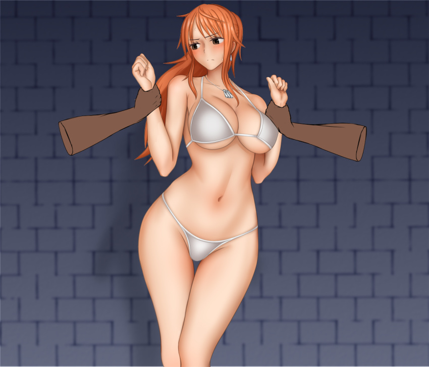 1girl arm_grab bare_arms bare_legs bare_shoulders bikini bikini_bottom bikini_top black_eyes blush breasts cleavage clenched_hands closed_mouth curvy disembodied_limb earrings groin highres hips jewelry large_breasts legs legs_together long_hair long_ponytail looking_away nami_(one_piece) navel necklace one_piece orange_hair ponte ponytail solo_focus standing swimsuit thigh_gap thighs thong wall white_bikini white_bikini_bottom