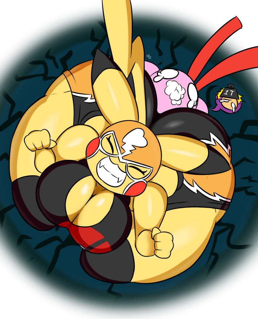 2018 ambiguous_gender anthro big_breasts big_butt bird's-eye_view breasts butt cleavage clothed clothing cosplay_pikachu domination duo eyes_closed female female_domination fight hi_res high-angle_view huge_butt hyper hyper_butt kirbot12 kirby kirby_(series) larger_female mammal mask nintendo pain pictographics pikachu pikachu_libre pinned pok&eacute;mon pok&eacute;mon_(species) size_difference skimpy smaller_ambiguous smile thick_thighs video_games voluptuous waddling_head wide_hips