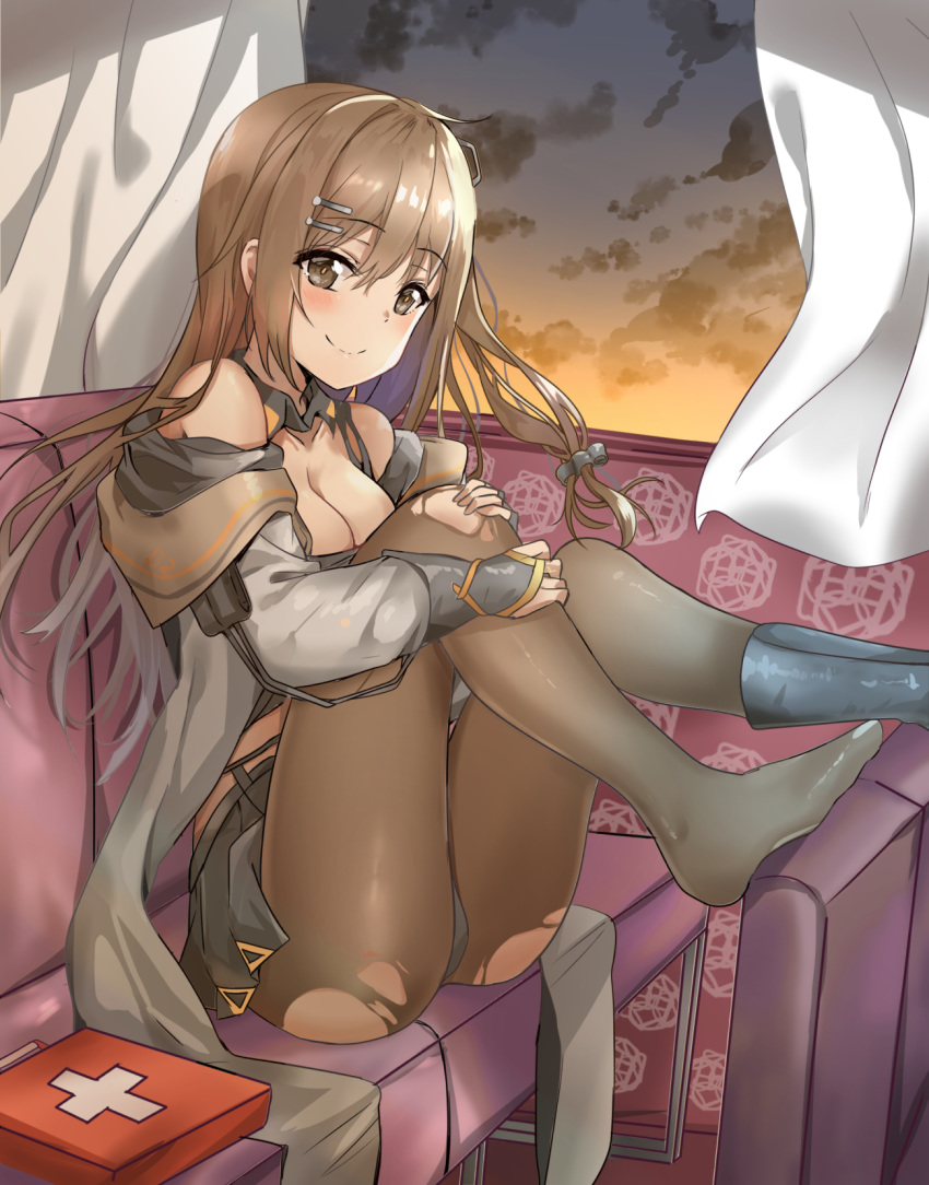 bangs bare_shoulders blush breasts brown_eyes brown_hair cleavage cloud cloudy_sky curtains eyebrows_visible_through_hair fingerless_gloves girls_frontline gloves grey_hair grey_skirt ground_vehicle hair_ornament hairclip hand_on_own_knee highres indoors k-2_(girls_frontline) legs_up long_hair looking_at_viewer medium_breasts miniskirt no_shoes off_shoulder pantyhose pleated_skirt sitting skirt sky smile solo sunhyun sunset torn_clothes torn_legwear train train_interior very_long_hair window