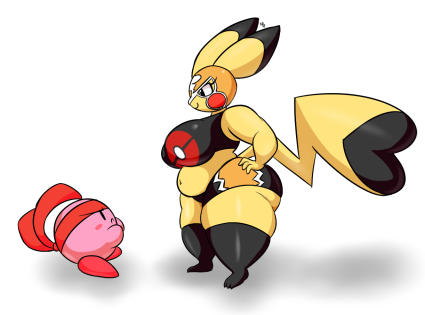 2018 anthro anthrofied big_breasts big_butt boots breasts butt cleft_tail clothed clothing cosplay_pikachu crossover duo eyelashes female footwear headband huge_butt kirbot12 kirby kirby_(series) male mammal mask navel nintendo pikachu pikachu_libre pok&eacute;mon pok&eacute;mon_(species) pok&eacute;morph short_stack simple_background size_difference skimpy slightly_chubby standing thick_thighs video_games voluptuous waddling_head white_background wide_hips