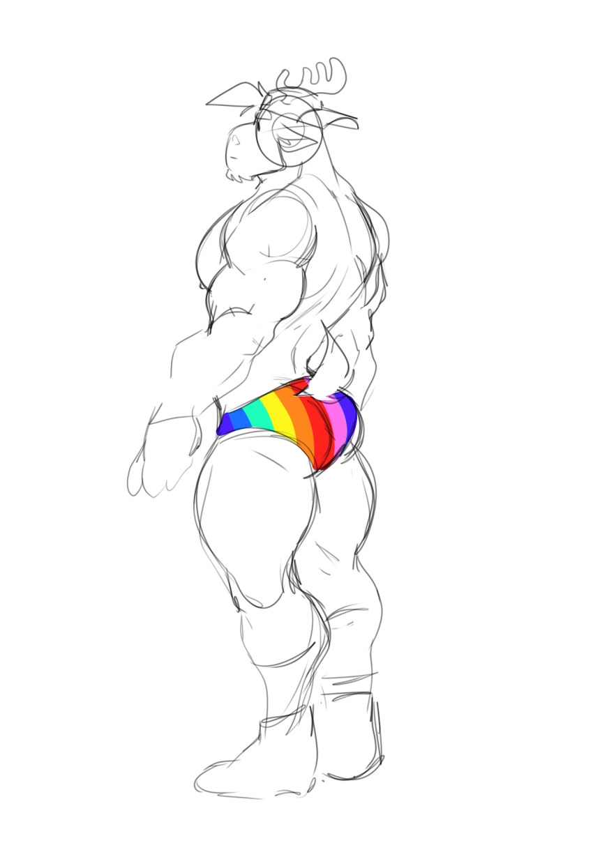 anthro antlers biceps big_arms big_butt big_thighs butt cervine chesschirebacon clothed clothing digital_media_(artwork) furgonomics gay_pride hi_res horn humanoid male mammal muscular muscular_male partially_clothed quads rainbow ralph_(chesschirebacon) simple_background sketch solo standing topless triceps underwear