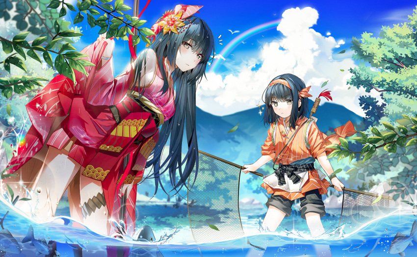 black_hair blue_sky blurry blurry_background brown_eyes cloud day detached_sleeves eyebrows_visible_through_hair fish fishing flower forest gourmet_kizuna hair_flower hair_ornament hairband highres japanese_clothes leaf lifted_by_self long_hair looking_at_viewer mountainous_horizon multiple_girls nature net official_art popuru short_hair shorts skirt skirt_hold sky standing summer tasty_saga tree water wet wet_hair wind