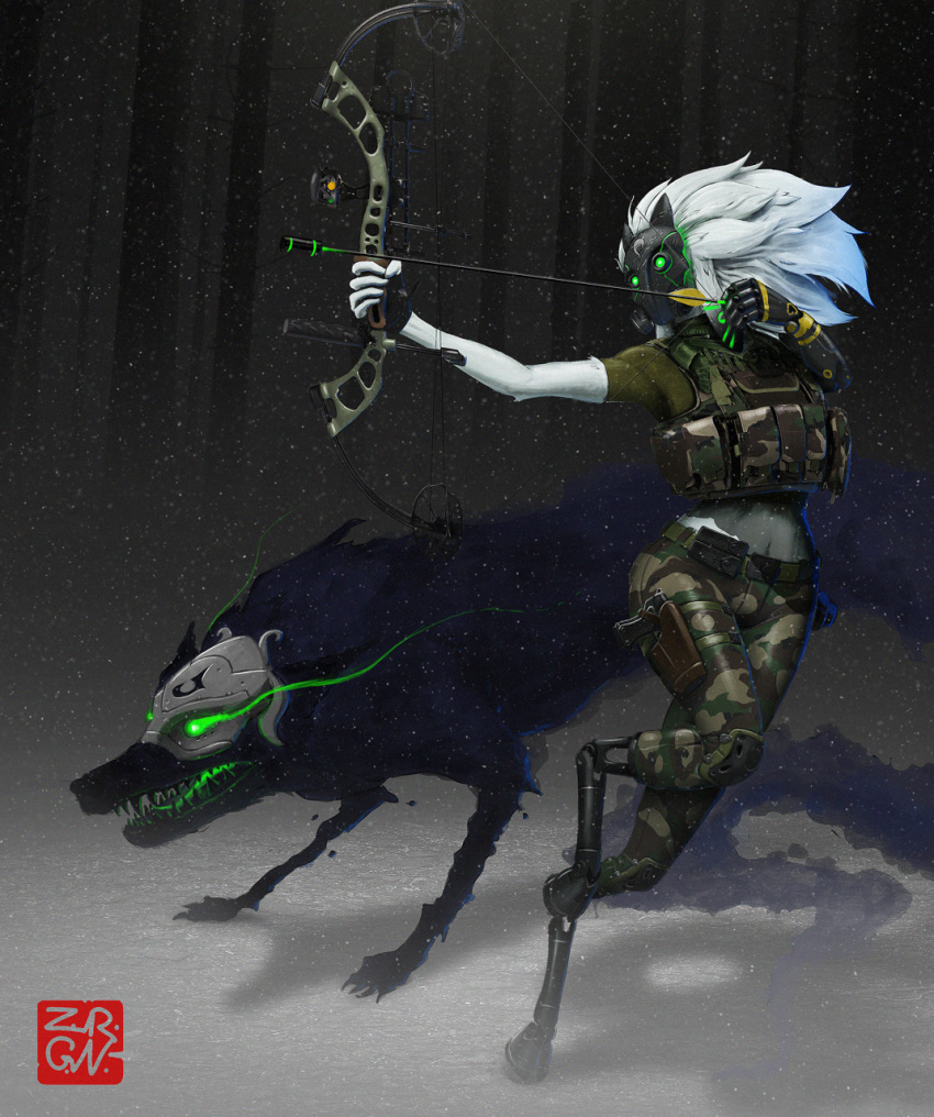 anthro black_fur bow_(weapon) canine caprine clothing detailed_background duo feral fur gloves glowing glowing_eyes gun hair kindred_(lol) lamb_(lol) league_of_legends long_hair mammal mask military navel open_mouth ranged_weapon riot_games ruukle shadow signature snow video_games weapon white_fur white_hair wolf_(lol)
