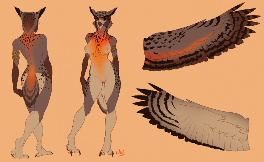 2016 3_toes anthro armlet avian beak beige_pussy big_breasts biped bird black_claws black_feathers black_spots black_stripes black_wings breasts brown_feathers brown_tail brown_wings butt butt_from_front cheek_tuft claws close-up countershade_legs countershade_tail countershade_torso countershade_wings countershading digital_drawing_(artwork) digital_media_(artwork) eurasian_eagle-owl eyelashes feather_tuft feathered_wings feathers female front_view gloves_(marking) grey_beak horned_owl humanoid_hands looking_aside looking_away luna_(tehaxis) markings model_sheet multicolored_feathers multicolored_tail multicolored_wings multiple_poses navel nipples non-mammal_breasts nude orange_background orange_feathers orange_tail orange_theme orange_wings owl pink_nipples pose pussy rear_view royaltys-nest simple_background small_waist smile socks_(marking) solo spots spotted_feathers spotted_wings spread_wings standing striped_feathers striped_wings stripes tail_feathers talons tan_countershading tan_feathers tan_tail tan_wings toe_claws toes tuft warm_colors wings