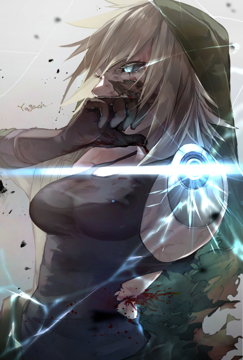 amputee black_sclera blonde_hair blood blue_eyes breasts commentary_request covering_mouth cyborg damaged electricity exposed_muscle gloves hand_over_own_mouth highres injury medium_breasts original parts_exposed solo torn_clothes yag_hag86