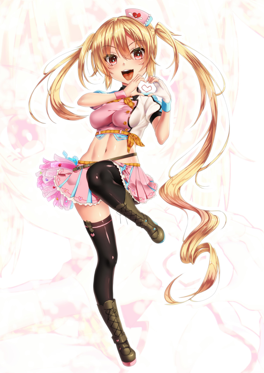 asymmetrical_hair black_legwear blonde_hair boots commentary_request crop_top cross-laced_footwear full_body hands_up heart heart_hands highres keita_(tundereyuina) lace-up_boots leg_up long_hair looking_at_viewer midriff miniskirt mirai_akari mirai_akari_project multicolored multicolored_clothes multicolored_skirt navel open_mouth original plaid pleated_skirt red_eyes skirt solo stomach thigh_boots thighhighs thighhighs_under_boots twintails very_long_hair virtual_youtuber zoom_layer
