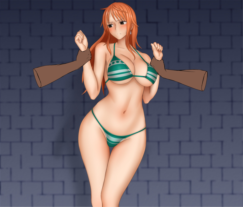 1girl arm_grab bare_arms bare_legs bare_shoulders bikini bikini_bottom black_eyes blush breasts cleavage clenched_hands closed_mouth disembodied_limb earrings embarrassed groin highres jewelry large_breasts legs legs_together long_hair looking_away nami_(one_piece) navel one_piece orange_hair ponte solo_focus standing swimsuit thigh_gap thighs thong wall