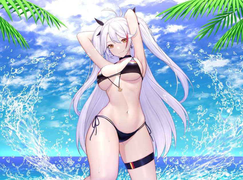 alternate_costume arm_behind_head armpits arms_up azur_lane bangs bikini bikini_tug black_bikini black_choker blurry blurry_background blush breasts brown_eyes choker cleavage closed_mouth collarbone commentary_request covered_nipples cowboy_shot cross cross_earrings curvy day earrings eyebrows_visible_through_hair eyes_visible_through_hair groin hair_between_eyes head_tilt jewelry large_breasts light_particles long_hair looking_at_viewer mole mole_on_breast multi-strapped_bikini multicolored_hair navel ocean outdoors palm_leaf prinz_eugen_(azur_lane) red_hair side-tie_bikini silver_hair siun skindentation solo sparkle splashing stomach streaked_hair swimsuit thighs two_side_up very_long_hair