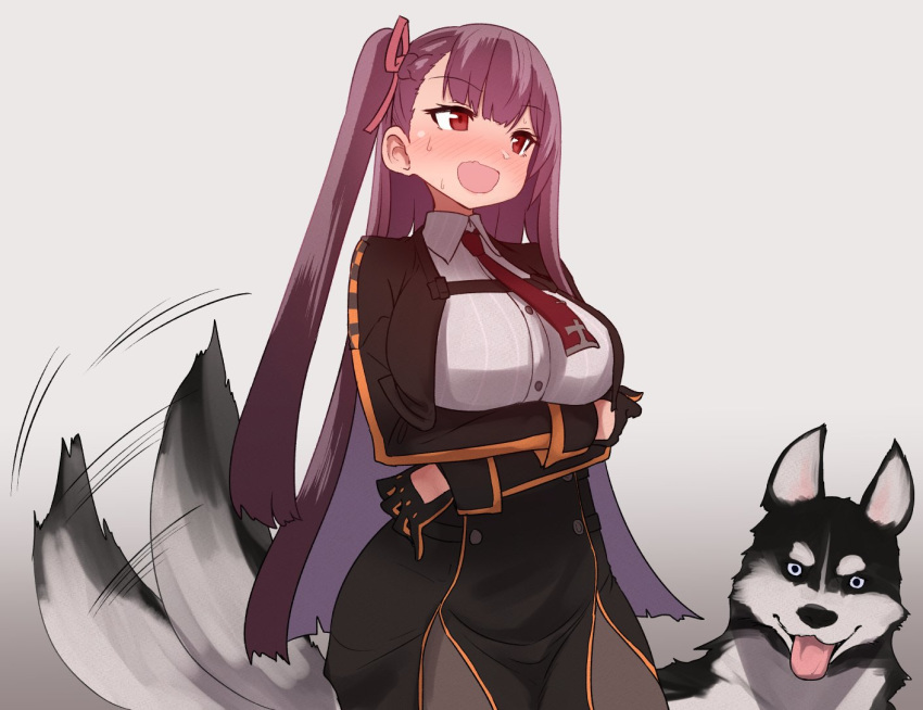 black_gloves black_legwear blush commentary_request dog dog_tail framed_breasts girls_frontline gloves gold_trim half_updo high-waist_skirt necktie one_side_up open_mouth pantyhose purple_hair red_ribbon ribbon skirt sumiyao_(amam) tail tail_wagging tsurime wa2000_(girls_frontline)