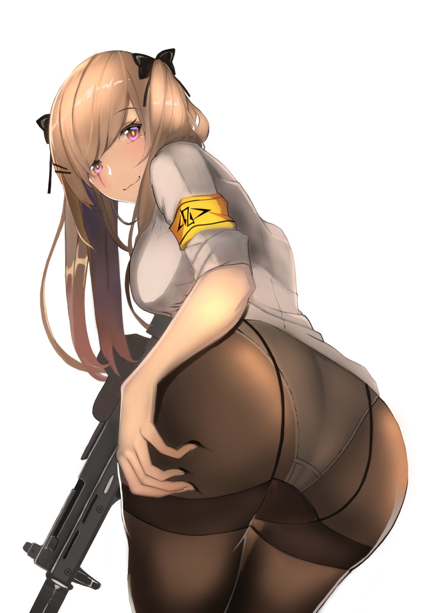 :3 absurdres armband ass ass_grab bent_over black_bow blush bow breasts brown_hair girls_frontline gun h&amp;k_ump hair_ornament hair_ribbon hairclip heckler_&amp;_koch highres jacket jacket_removed long_hair long_sleeves looking_at_viewer no_pants panties panties_under_pantyhose pantyhose purple_eyes ribbon scar scar_across_eye sleeves_rolled_up smile submachine_gun thighband_pantyhose twintails ump9_(girls_frontline) underwear upper_body weapon yuuhi_(yuuvi83)