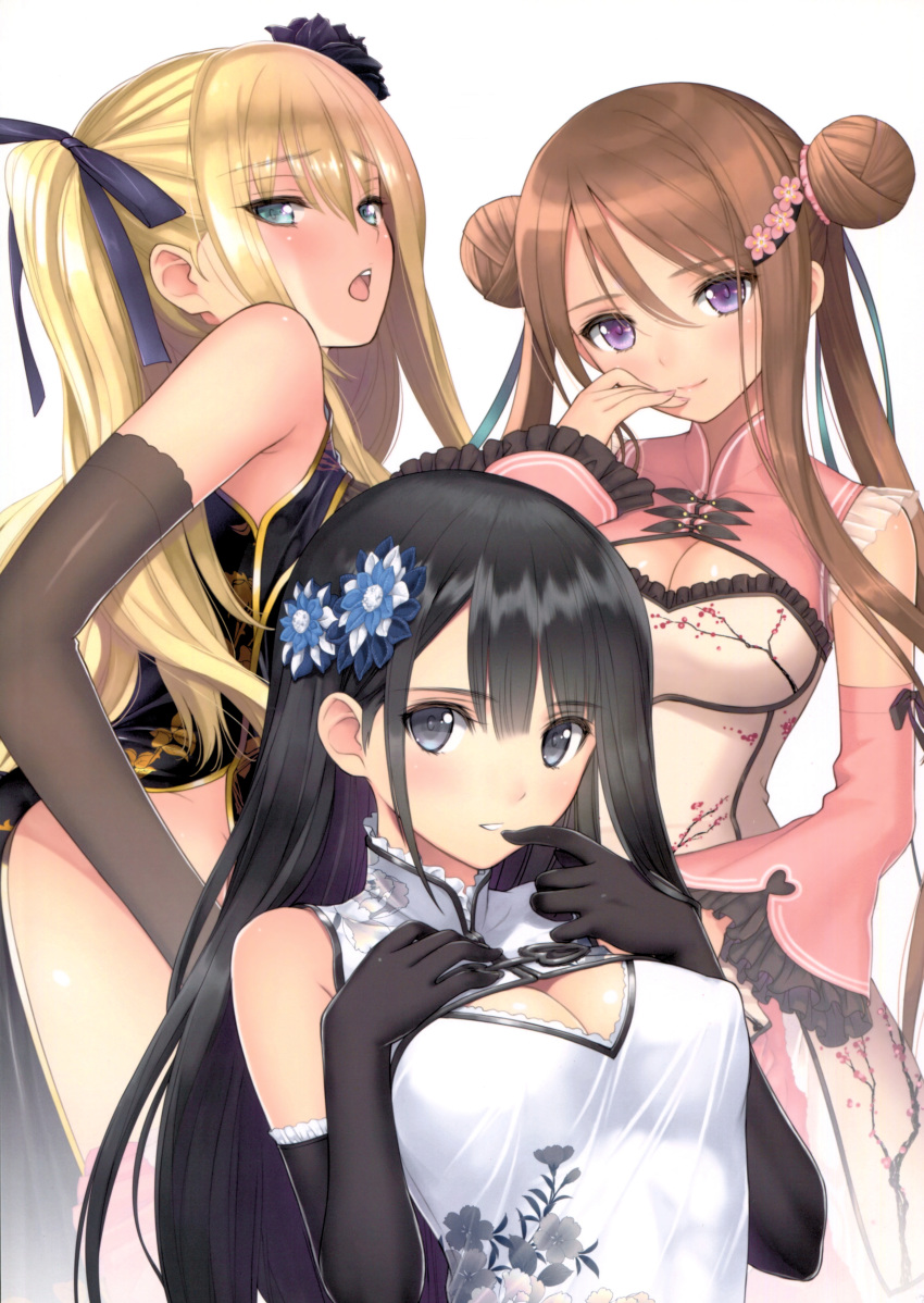 absurdres bangs bare_shoulders black_gloves black_hair blonde_hair blue_eyes blush bow breasts brown_hair china_dress chinese_clothes chun-mei cleavage cleavage_cutout closed_mouth double_bun dress elbow_gloves eyebrows eyebrows_visible_through_hair floral_print flower frills gloves grey_eyes hair_bow hair_ornament hairclip hand_on_own_chest highres jin-lian lips long_hair looking_at_viewer medium_breasts multiple_girls open_mouth original parted_lips ping-yi purple_eyes scan shiny shiny_hair shiny_skin sleeveless smile tanaka_takayuki
