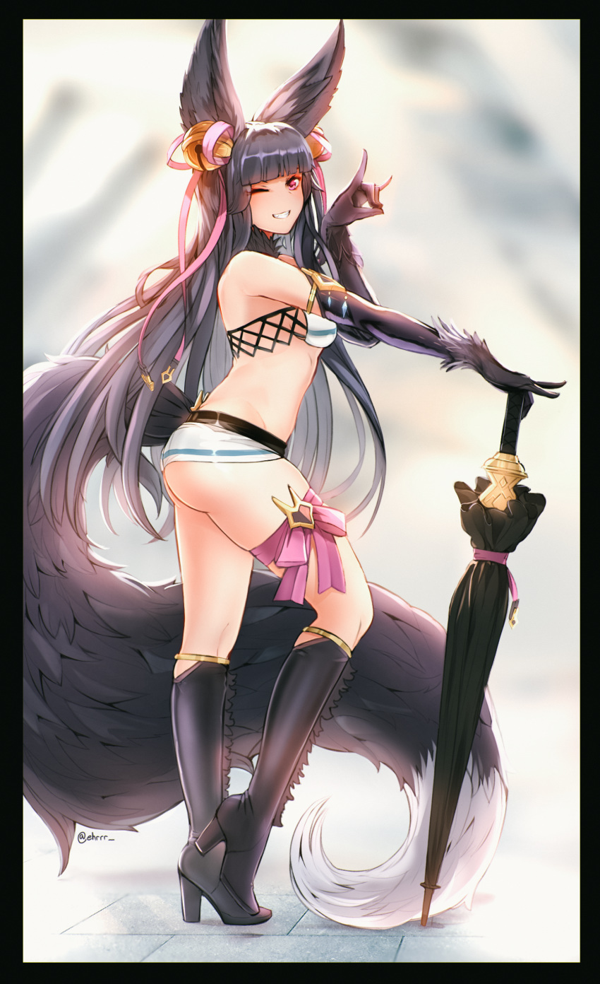 ;) absurdres animal_ears artist_name ass bangs bare_shoulders bell black_border black_footwear black_gloves black_hair blunt_bangs boots border closed_umbrella ehrrr elbow_gloves erune fang fox_ears fox_shadow_puppet fox_tail from_side gloves granblue_fantasy grin hair_bell hair_ornament hand_up high_heel_boots high_heels highres jingle_bell knee_boots long_hair looking_at_viewer micro_shorts one_eye_closed outstretched_arm pink_eyes pink_ribbon race_queen ribbon shorts smile solo tail teeth thigh_ribbon twitter_username umbrella very_long_hair yuel_(granblue_fantasy)
