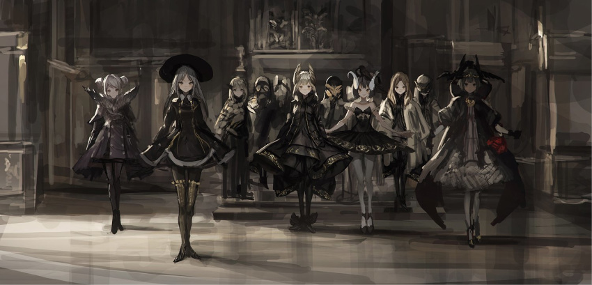 arms_at_sides bare_shoulders black_hair black_legwear boots brown_hair buttons closed_mouth double_bun dress full_body grey_hair hat lm7_(op-center) long_hair long_sleeves looking_at_viewer mask multiple_girls original pantyhose sketch standing thigh_boots thighhighs white_legwear