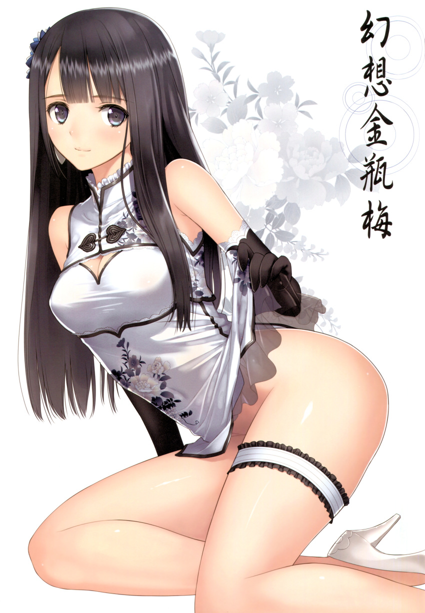 absurdres bangs black_gloves black_hair blush breasts china_dress chinese_clothes cleavage cleavage_cutout closed_mouth dress elbow_gloves eyebrows eyebrows_visible_through_hair floral_background floral_print flower frills gloves grey_eyes hair_ornament high_heels highres kneeling long_hair looking_at_viewer medium_breasts no_panties original ping-yi scan shiny shiny_skin short_dress simple_background sleeveless solo tanaka_takayuki thigh_strap